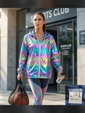 Western Desert Iridescent Neon Rainbow Windbreaker Hoodie Jacket Size XL